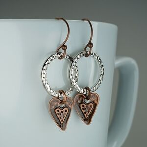 HAND CRAFTED Silver Copper Mixed Metal Heart Boho Minimalist Dangle Earrings